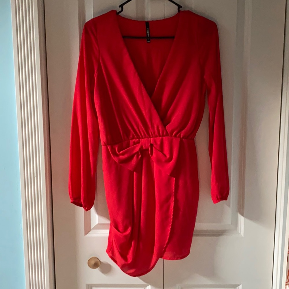 Red deep v long sleeve dress